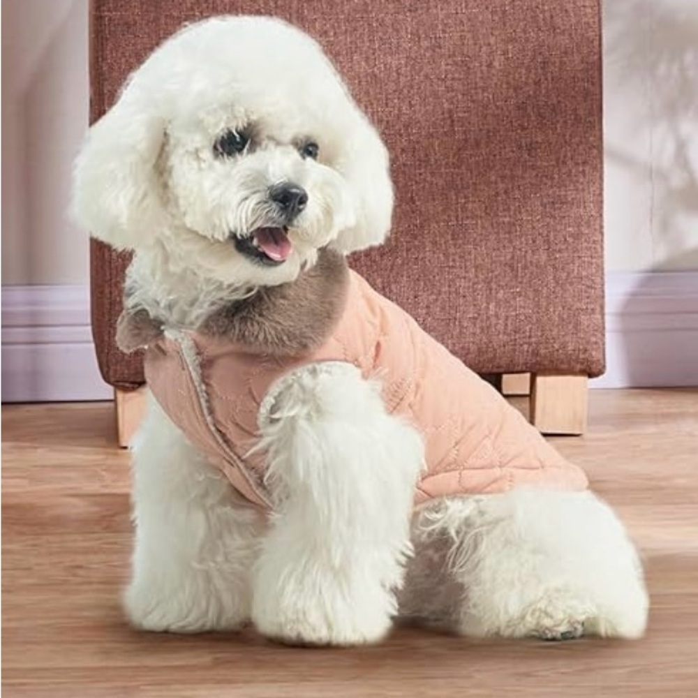 NWT - Peach FauxFur Lined Quilted Dog Coat medium 15”back21”chest /pet clothes